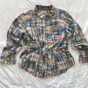 LL Bean Patchwork Plaid Womens Buttoned Shirt Madras 100% Cotton Top Size L Pet